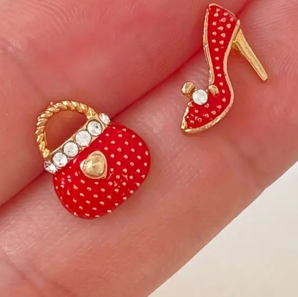 Red Purse Heels Themed 14K Plated Shiny Alloy Rhinestone Earrings.